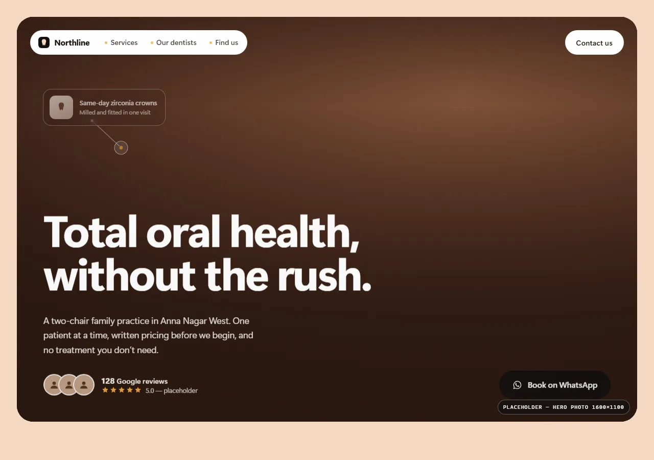 Home page of the Northline Dental Care demo build — a dental clinic — editorial layout site